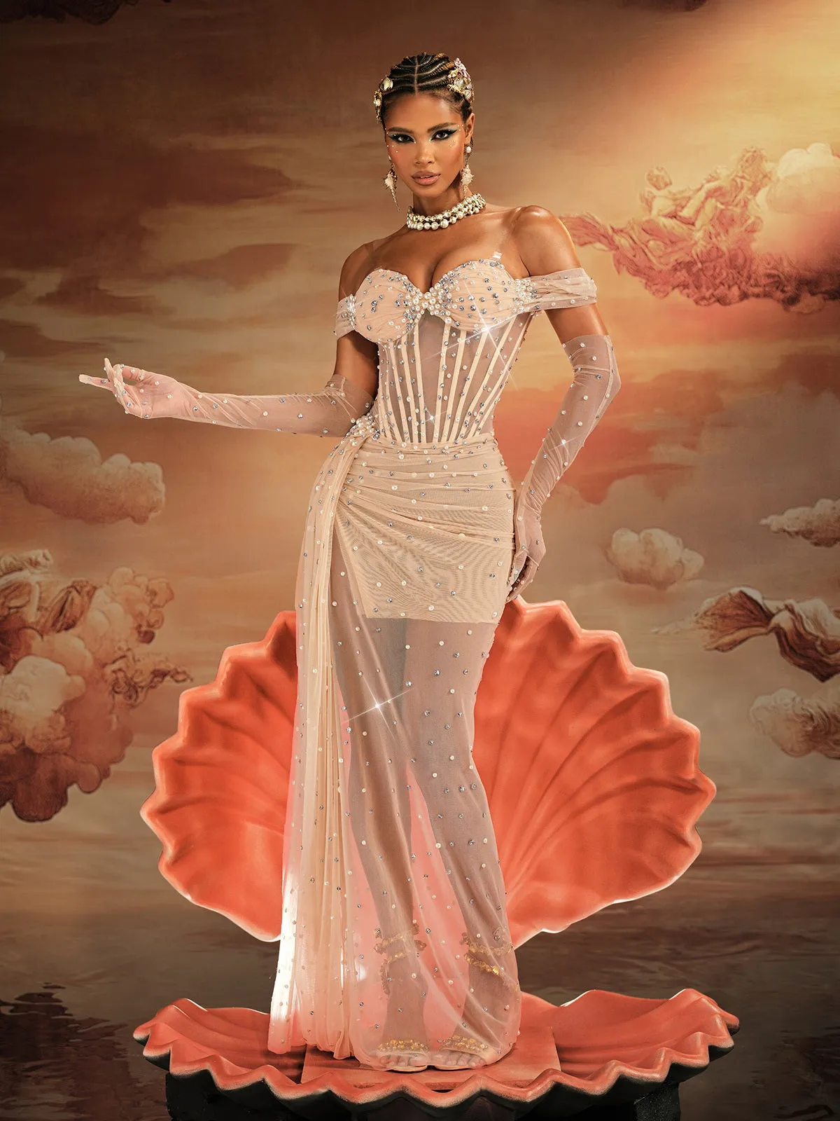 Haldor Off Shoulder Crystal Mesh Draped Maxi Dress sold by Mew Mews product image thumbnail 4