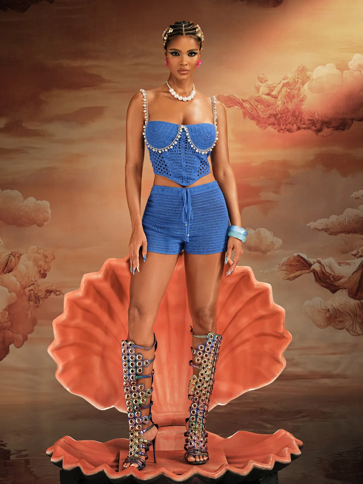 Wiebke Spaghetti Pearl Knit Shorts Set In Blue sold by Mew Mews product image thumbnail 2
