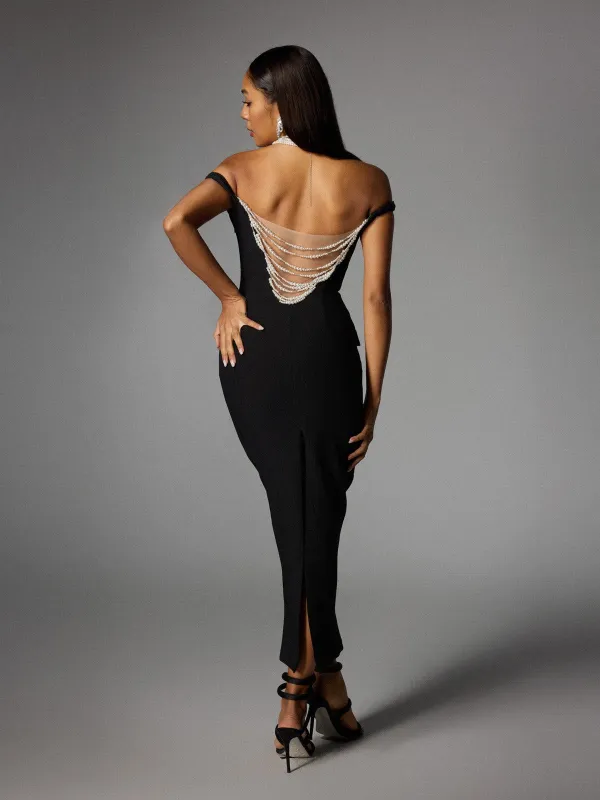 Albinia Backless Pearl Beaded Midi Dress sold by Mew Mews