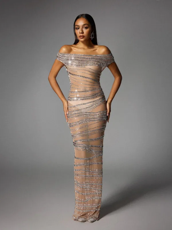 Eryx Off Shoulder Rhinestone Mesh Maxi Dress In Nude sold by Mew Mews