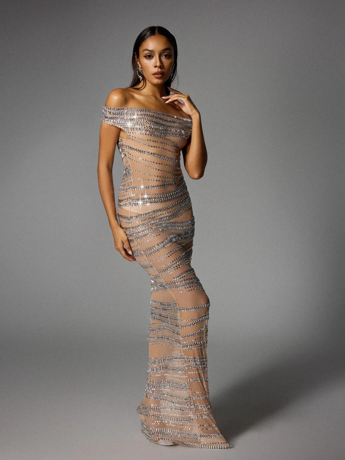 Eryx Off Shoulder Rhinestone Mesh Maxi Dress In Nude sold by Mew Mews product image thumbnail 4