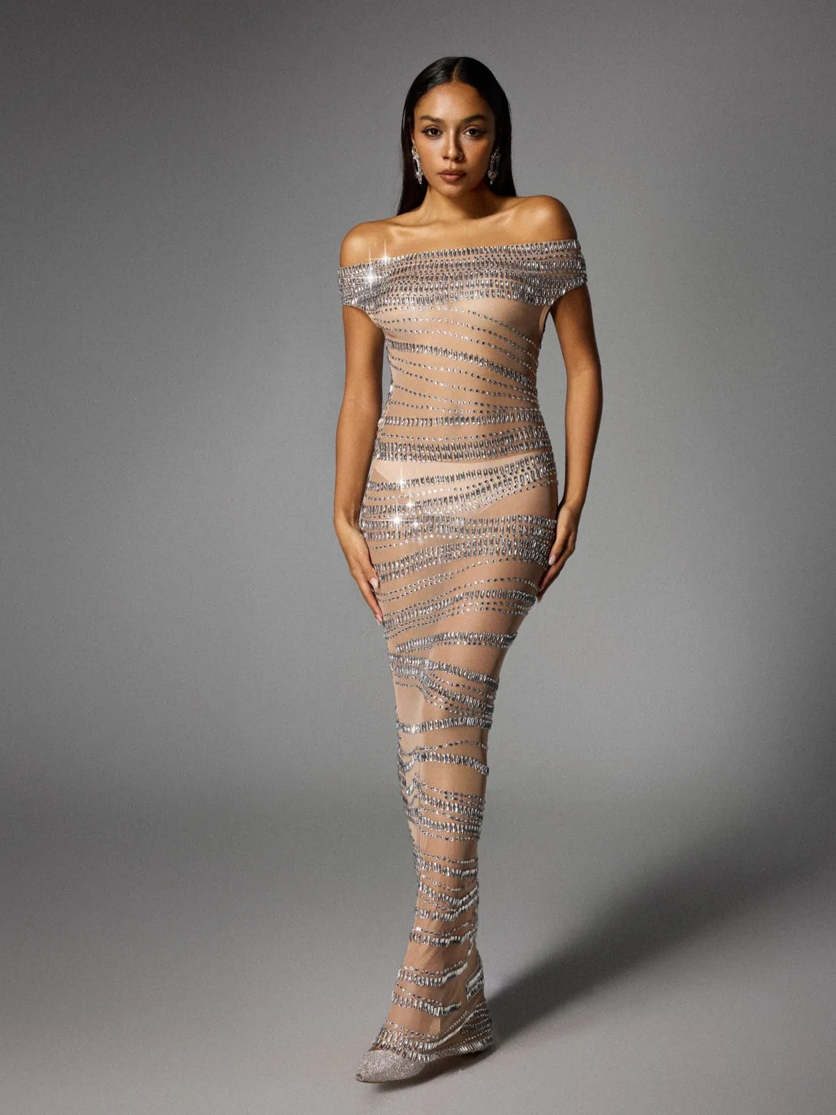 Eryx Off Shoulder Rhinestone Mesh Maxi Dress In Nude sold by Mew Mews product image thumbnail 3