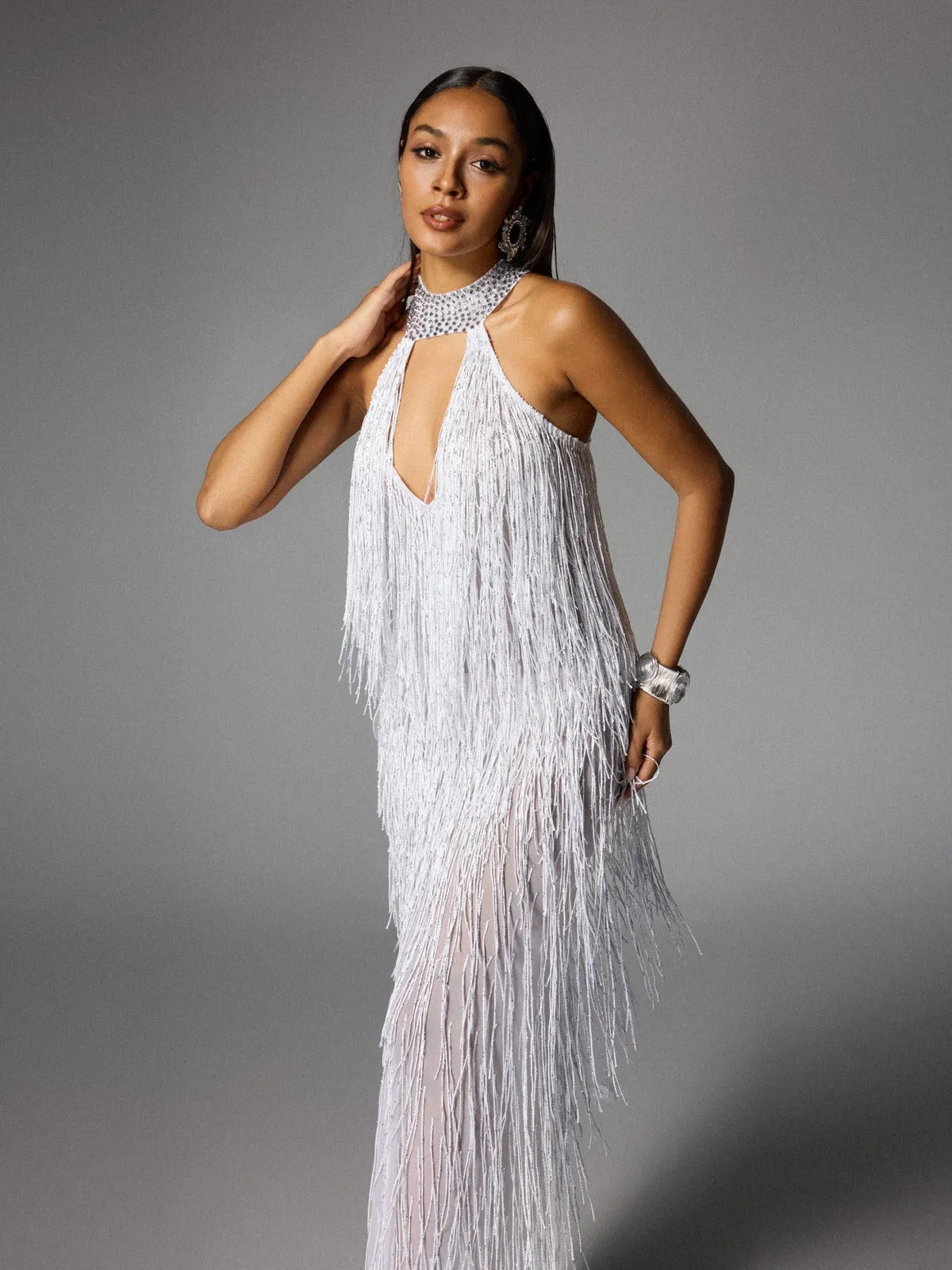 Elvrik Halterneck Fringe Cutout Split Maxi Dress In White sold by Mew Mews product image thumbnail 5