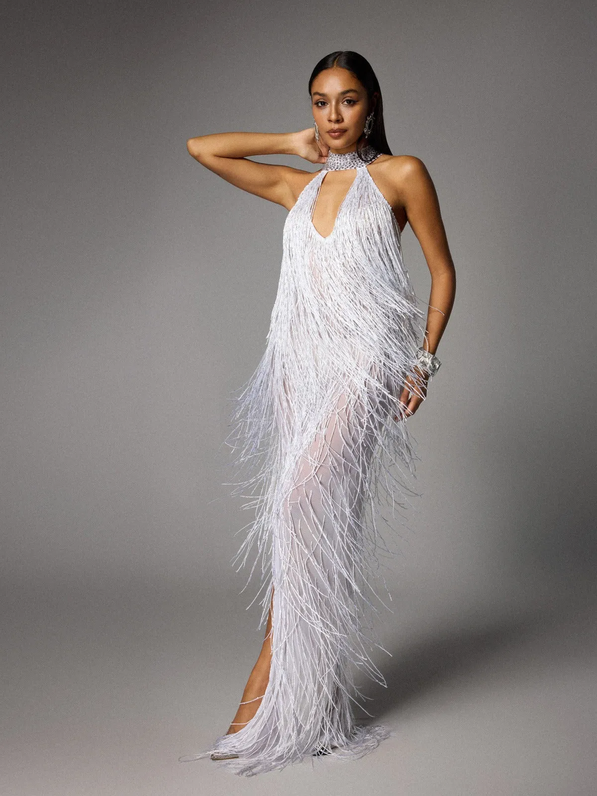 Elvrik Halterneck Fringe Cutout Split Maxi Dress In White sold by Mew Mews product image thumbnail 3