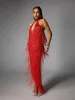Elvrik Halterneck Fringe Cutout Split Maxi Dress In Red sold by Mew Mews