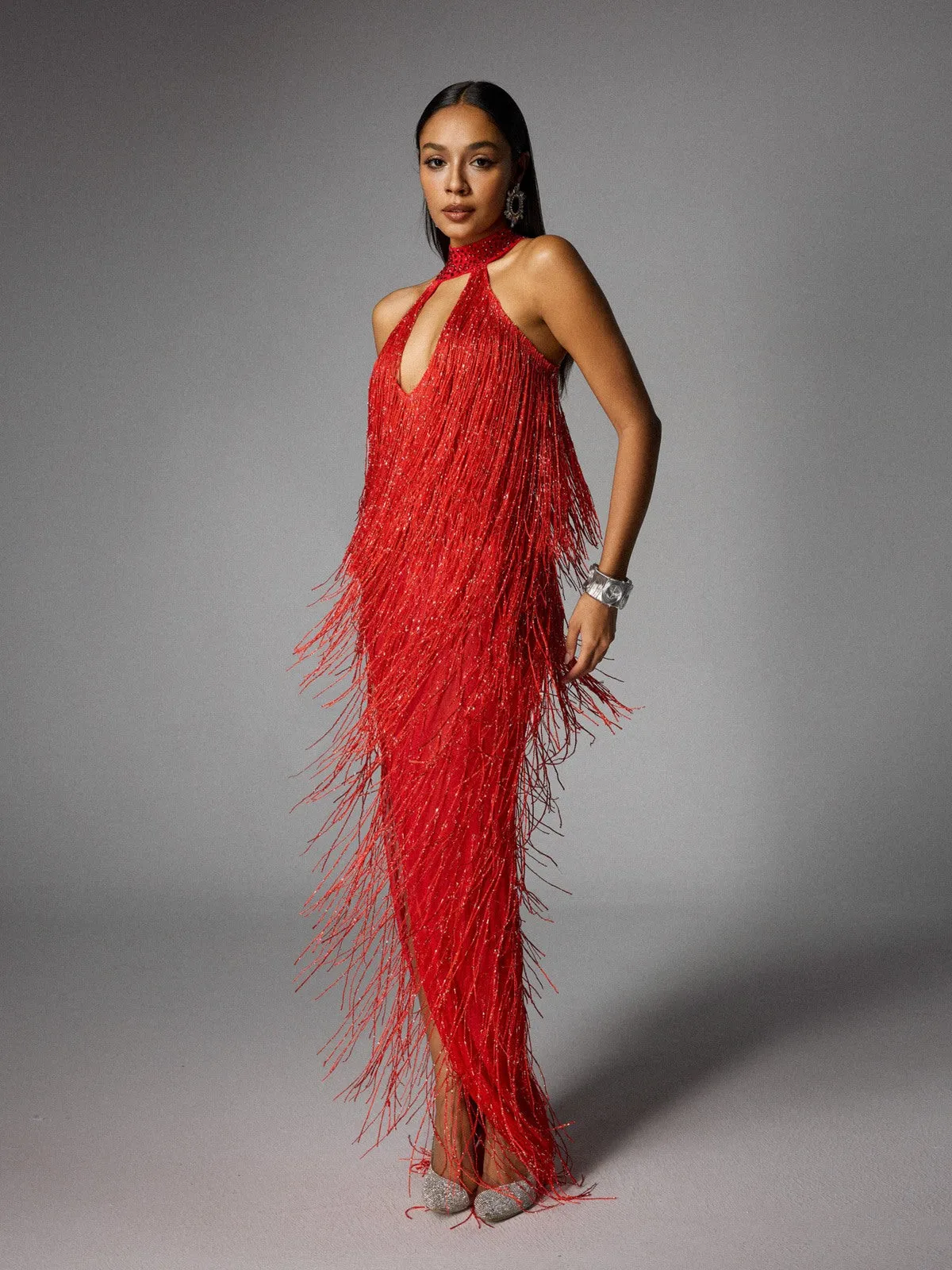 Elvrik Halterneck Fringe Cutout Split Maxi Dress In Red sold by Mew Mews product image thumbnail 2