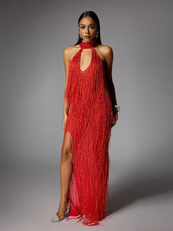 Elvrik Halterneck Fringe Cutout Split Maxi Dress In Red sold by Mew Mews
