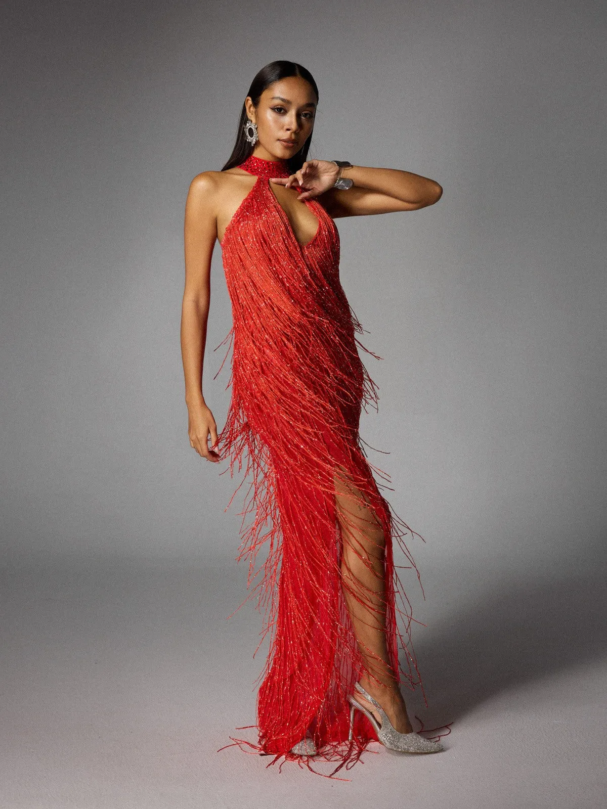 Elvrik Halterneck Fringe Cutout Split Maxi Dress In Red sold by Mew Mews product image thumbnail 3