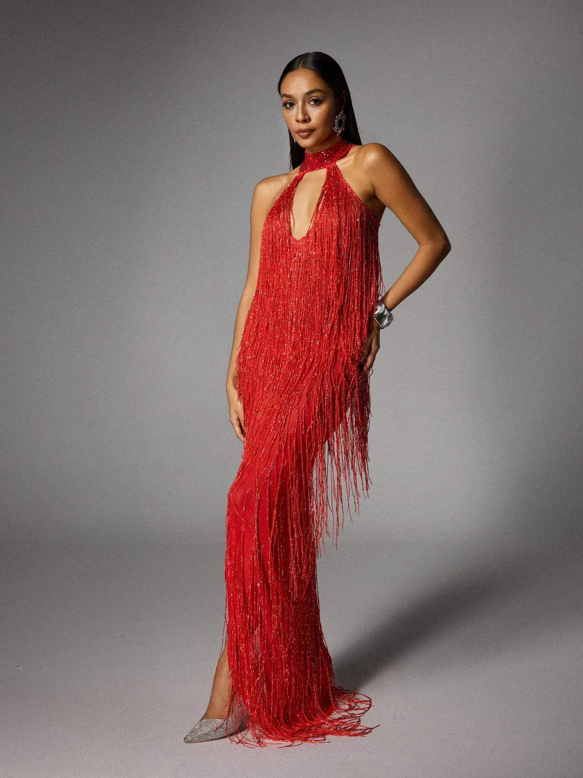 Elvrik Halterneck Fringe Cutout Split Maxi Dress In Red sold by Mew Mews product image thumbnail 4