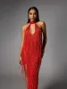 Elvrik Halterneck Fringe Cutout Split Maxi Dress In Red sold by Mew Mews