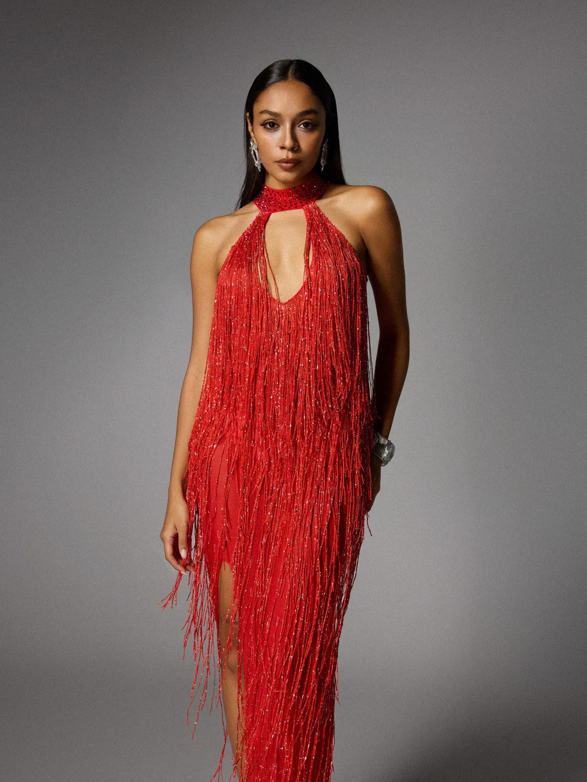 Elvrik Halterneck Fringe Cutout Split Maxi Dress In Red sold by Mew Mews product image thumbnail 5