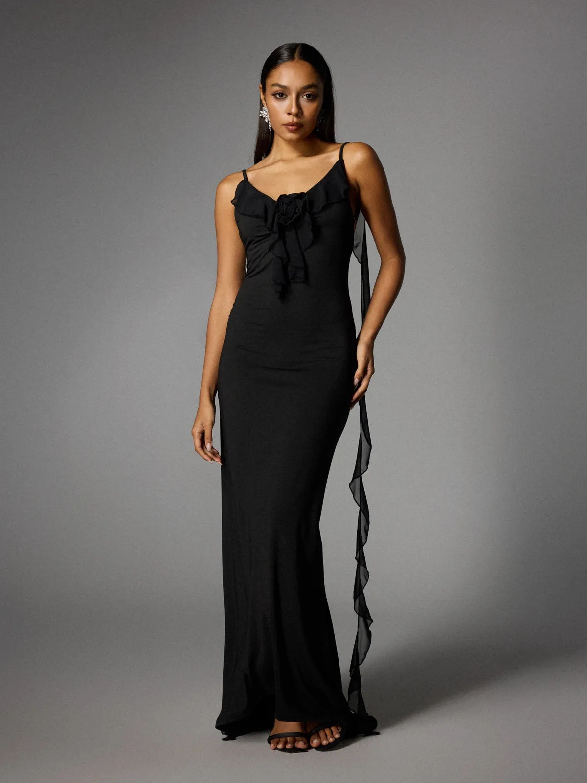 Aelthar Spaghetti Flower Maxi Dress In Black sold by Mew Mews