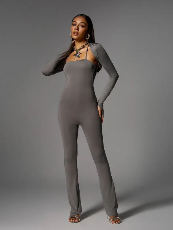 Brixander Spaghetti Jumpsuit In Grey With Shrug sold by Mew Mews