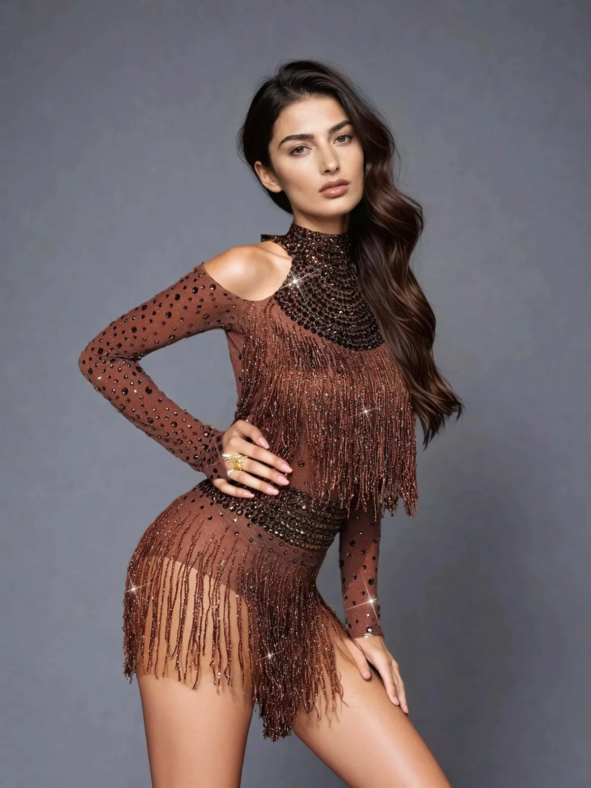 Safa Rhinestone Glitter Fringe Bodysuit sold by Mew Mews product image thumbnail 5