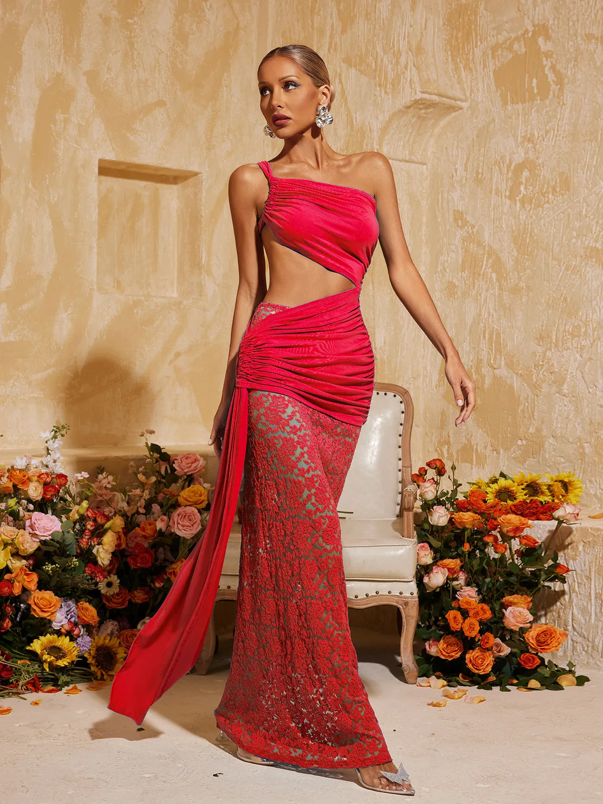 Phelia Cutout Lace Draped Maxi Dress In Red sold by Mew Mews product image thumbnail 2