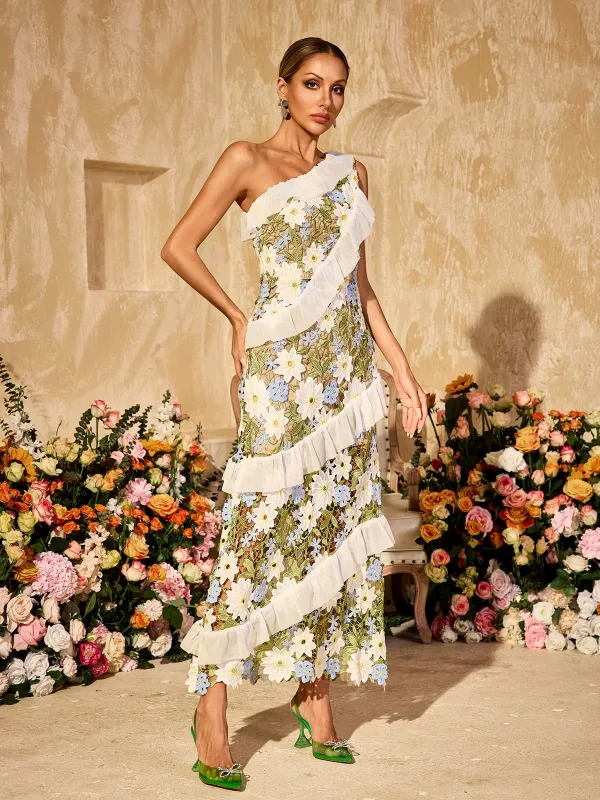 Aliona One Shoulder Flower Embroidered Maxi Dress sold by Mew Mews