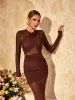 Alkas Long Sleeve Ruched Mesh Maxi Dress In Coffee sold by Mew Mews