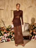 Alkas Long Sleeve Ruched Mesh Maxi Dress In Coffee sold by Mew Mews