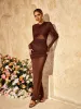 Alkas Long Sleeve Ruched Mesh Maxi Dress In Coffee sold by Mew Mews
