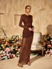 Alkas Long Sleeve Ruched Mesh Maxi Dress In Coffee sold by Mew Mews