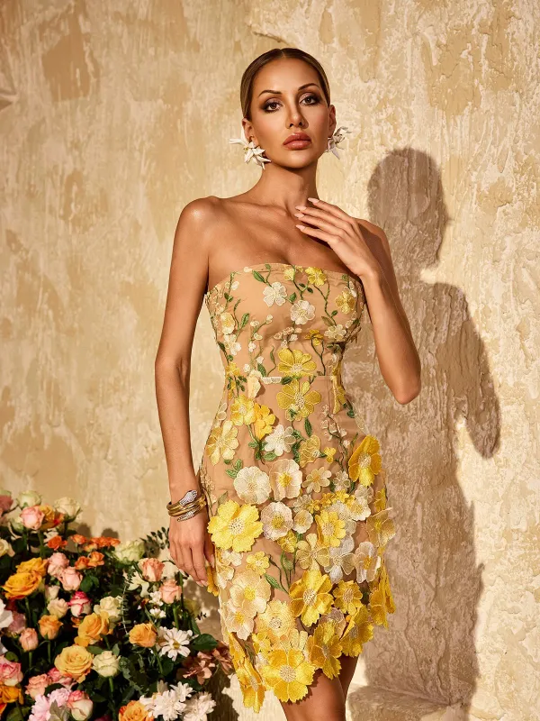 Alirio Strapless Embroidered Flower Mini Dress sold by Mew Mews