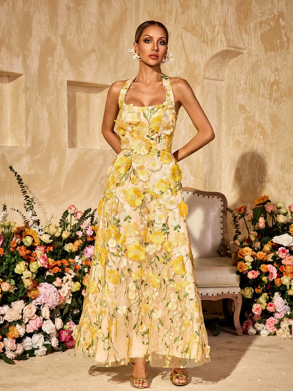 Alirio Halterneck Embroidered Flower Maxi Dress sold by Mew Mews product image thumbnail 5