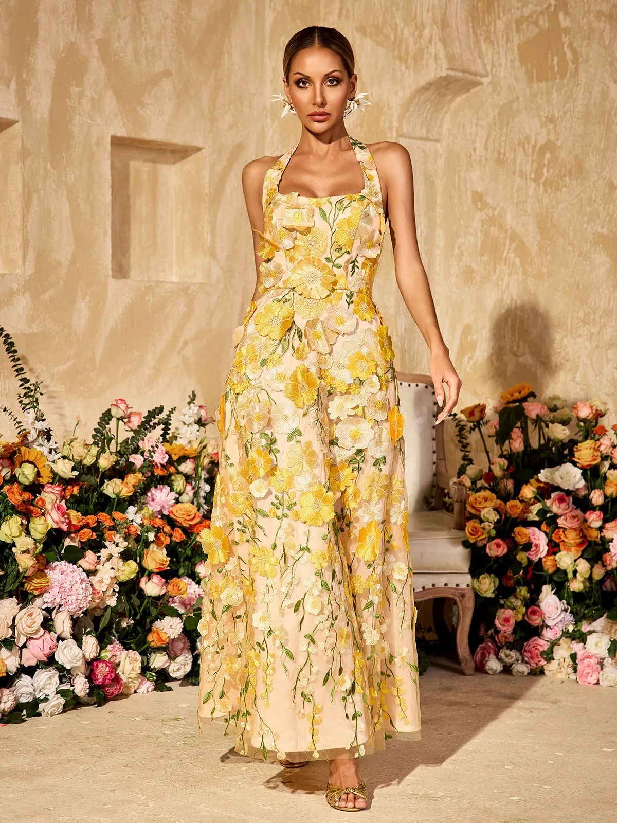 Alirio Halterneck Embroidered Flower Maxi Dress sold by Mew Mews product image thumbnail 4