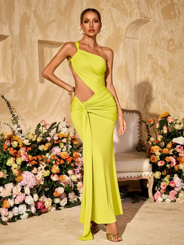 Arythix Cutout Draped Maxi Dress In Lime Yellow sold by Mew Mews
