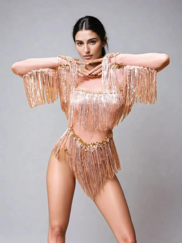 Axiom Long Sleeve Fringe Bodysuit In Nude sold by Mew Mews