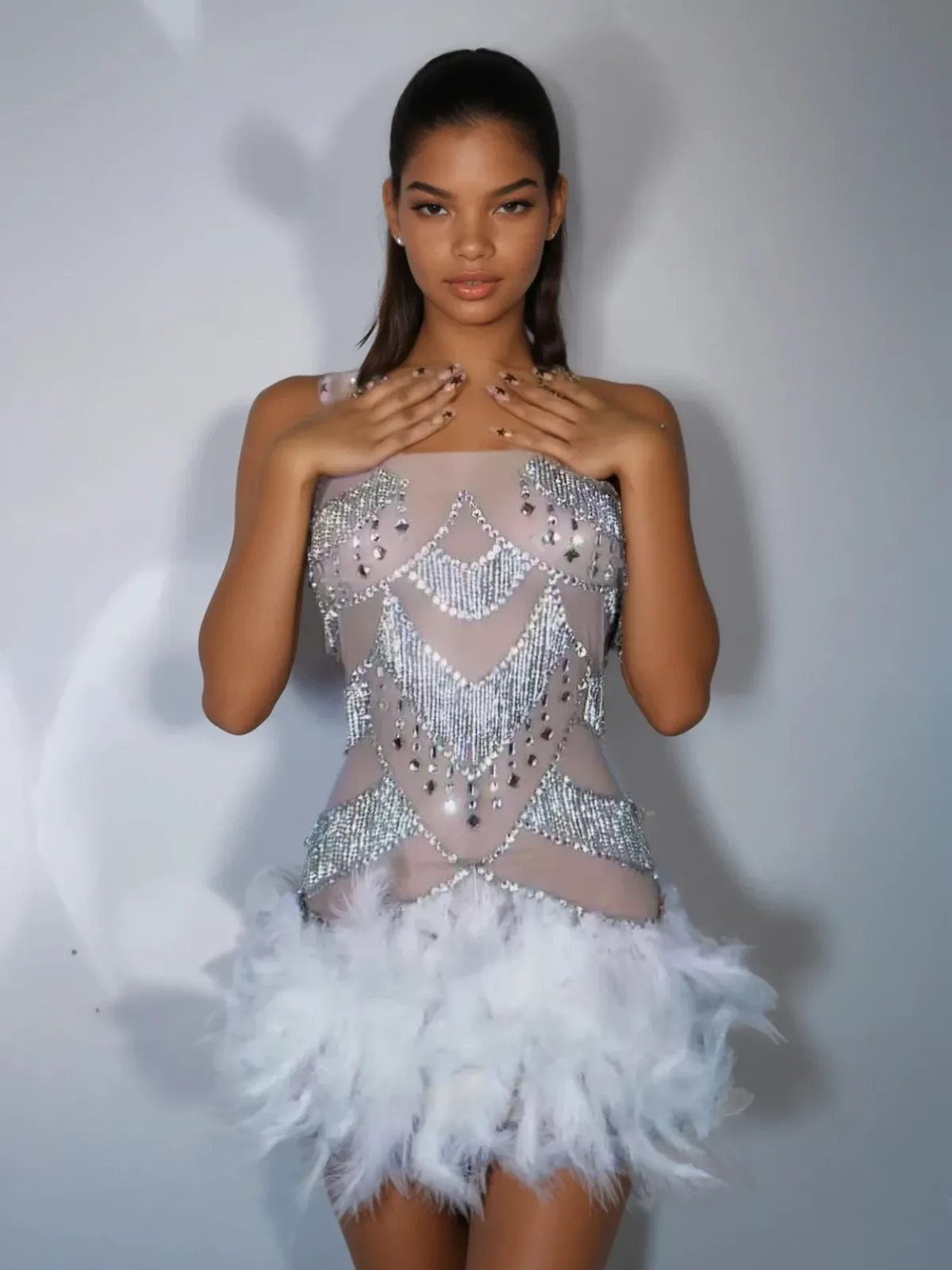 Lavali Halterneck Crystal Feather Mini Dress sold by Mew Mews product image thumbnail 3