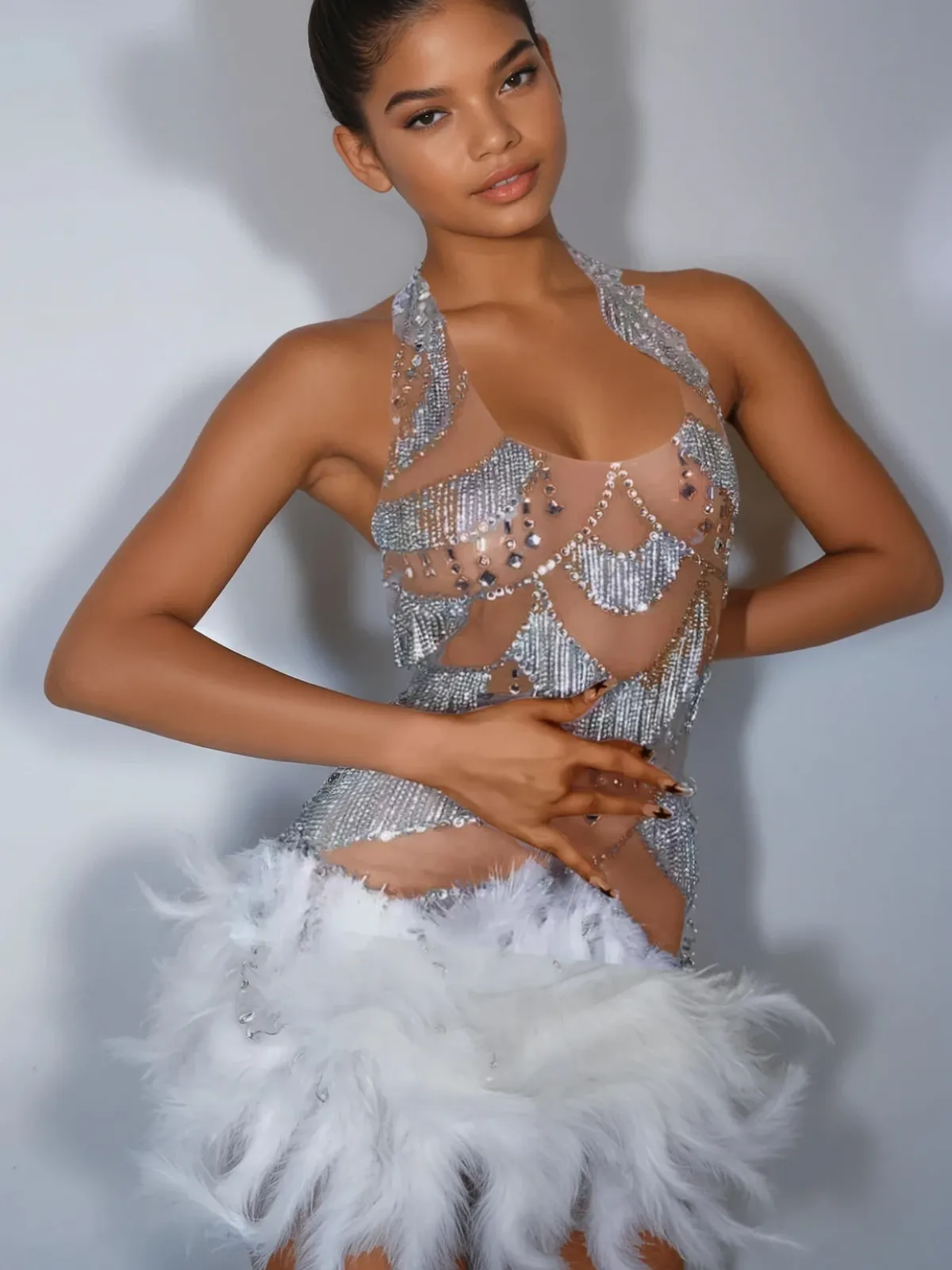 Lavali Halterneck Crystal Feather Mini Dress sold by Mew Mews product image thumbnail 5