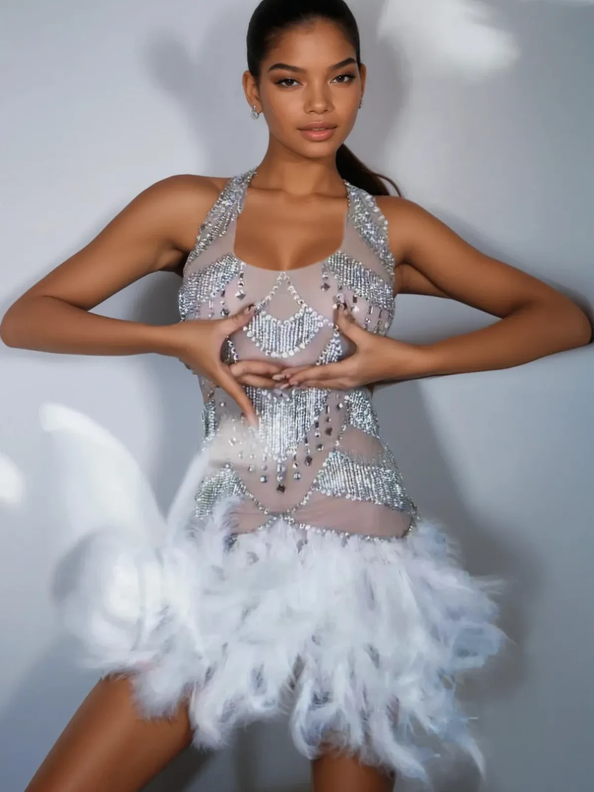 Lavali Halterneck Crystal Feather Mini Dress sold by Mew Mews product image thumbnail 2