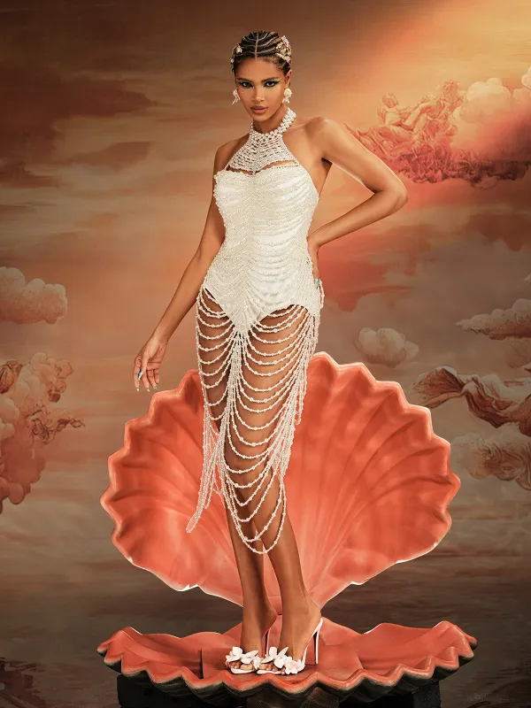 Nicola Halterneck Pearl Fringe Maxi Dress made by Mew Mews