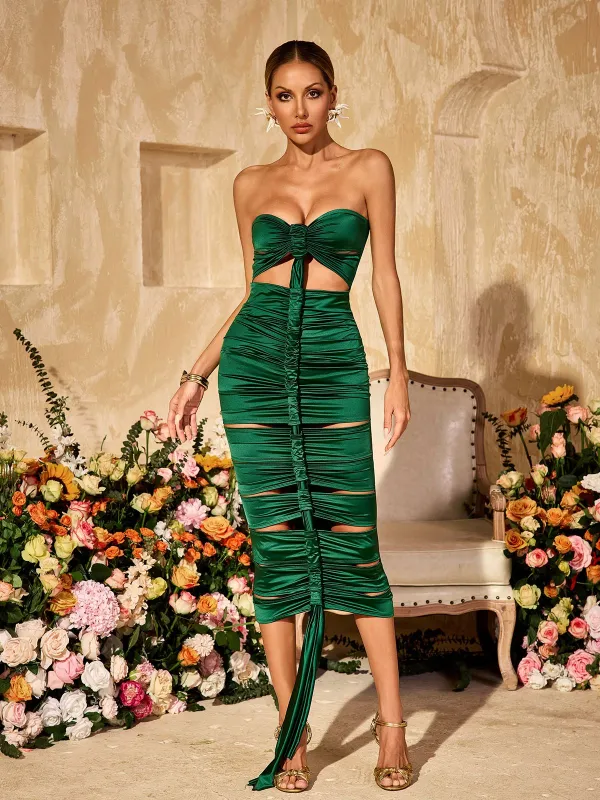 Allard Strapless Cutout Draped Satin Midi Dress sold by Mew Mews