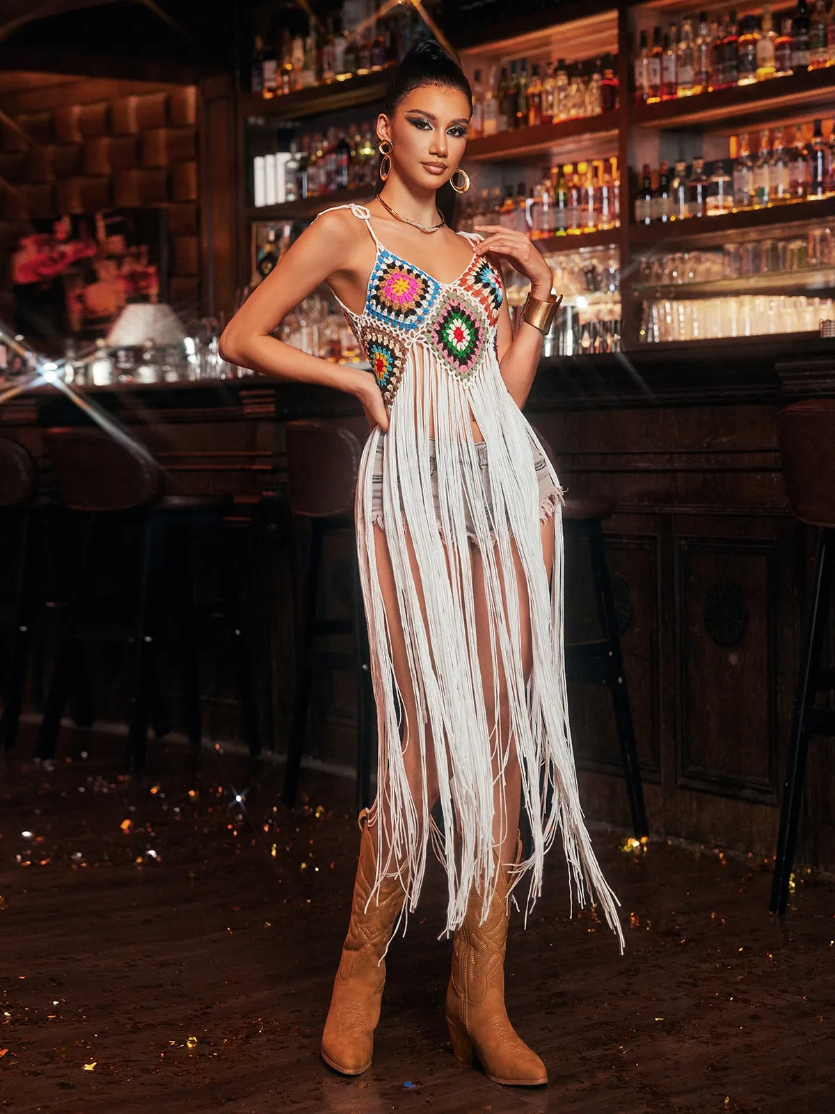 Jyxondra Spaghetti Fringe Knitted Cover Up Dress sold by Mew Mews product image thumbnail 4