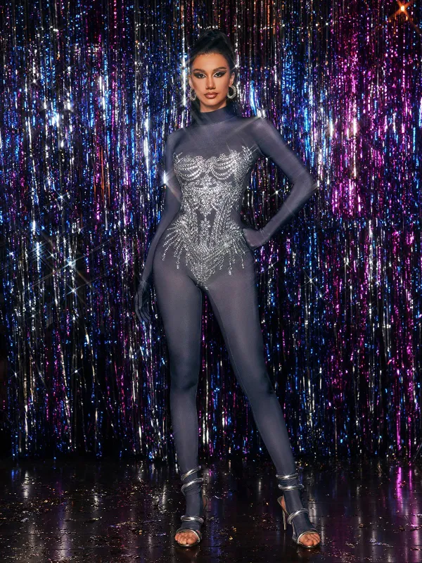 Chesten Long Sleeve Rhinestone Embellished Jumpsuit sold by Mew Mews