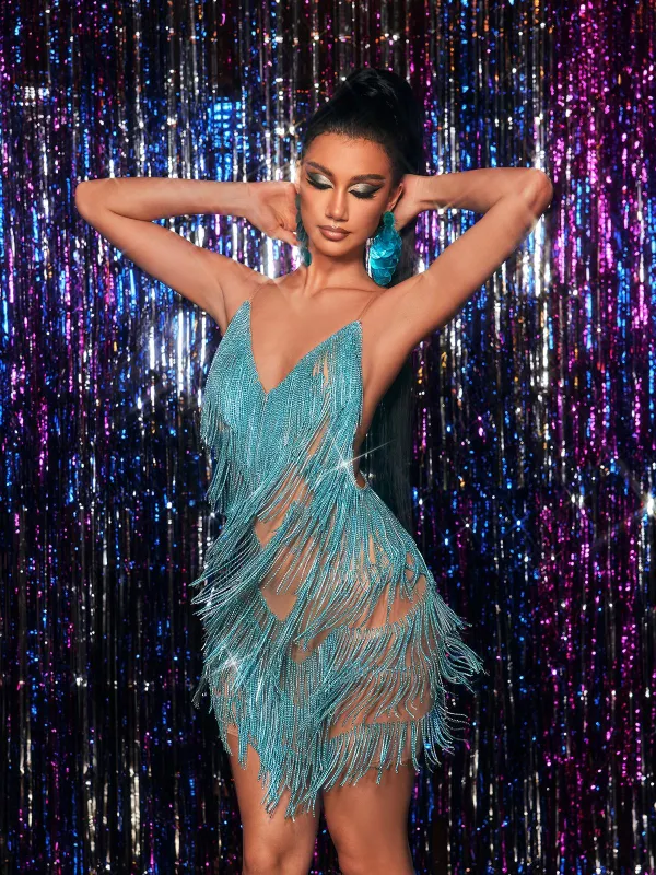 Fiadh Crystal Chain Fringe Mesh Mini Dress In Blue sold by Mew Mews