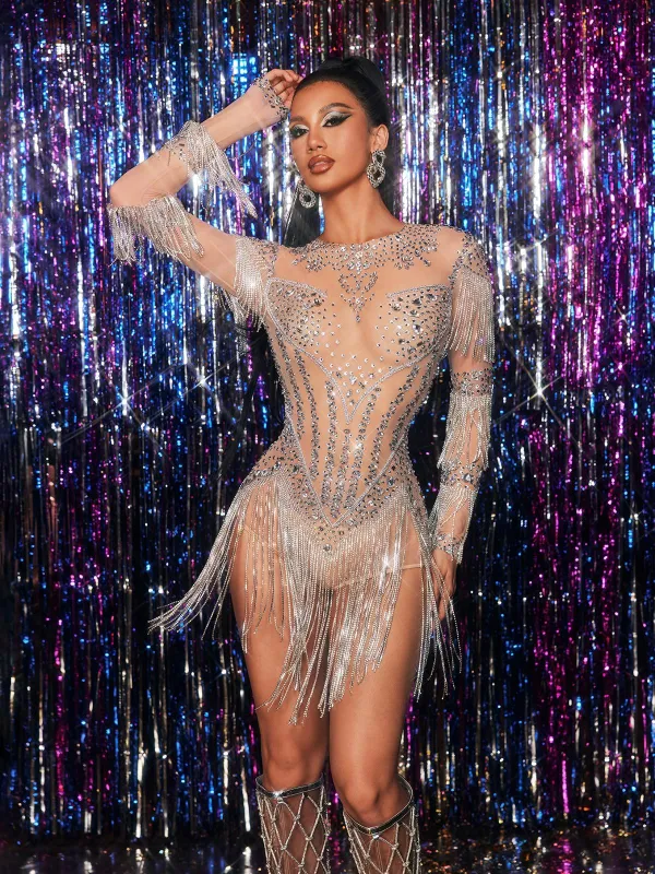 Zene Embellished Crystal Fringe Bodysuit sold by Mew Mews