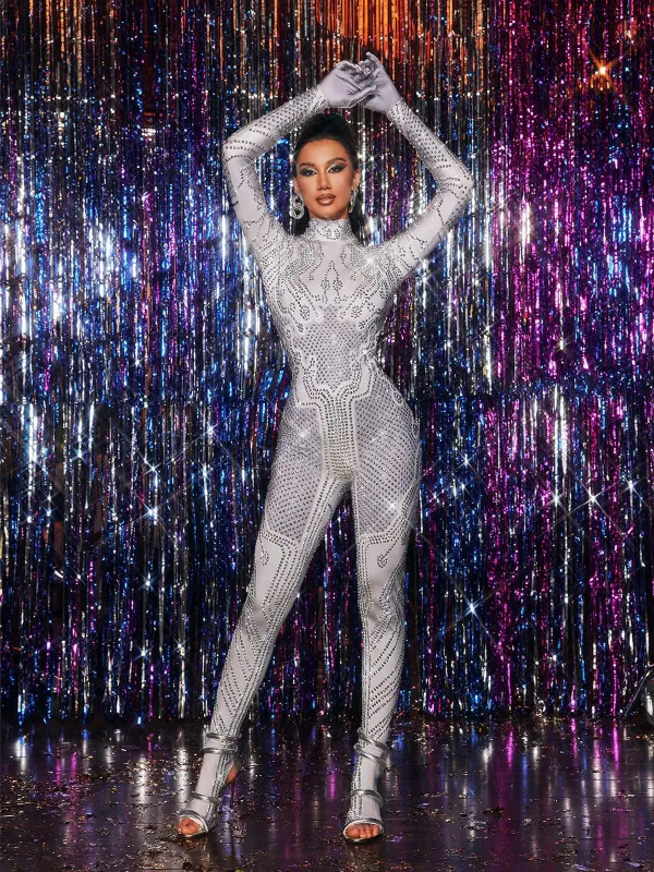 Kryxara High Neck Rhinestone Jumpsuit With Gloves sold by Mew Mews