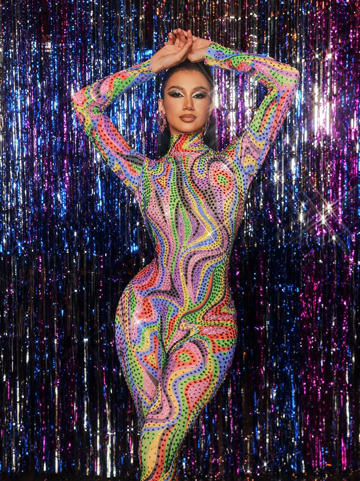 Zyxandor High Neck Rhinestone Jumpsuit sold by Mew Mews