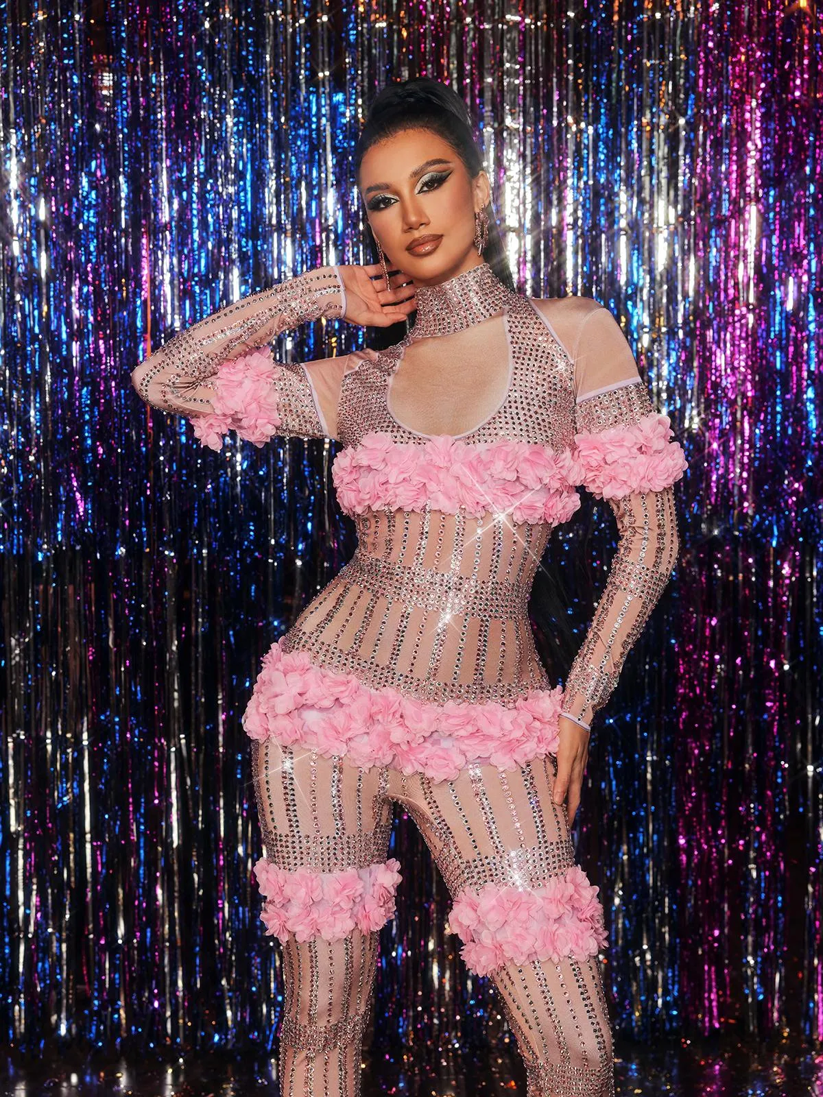 Yxalith High Neck Rhinestone Flower Jumpsuit sold by Mew Mews product image thumbnail 2