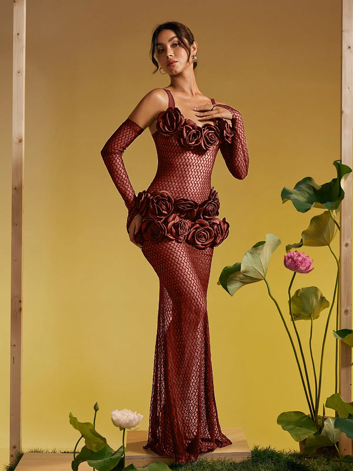 Barbara Spaghetti Cutout Flower Maxi Dress In Brown sold by Mew Mews product image thumbnail 3