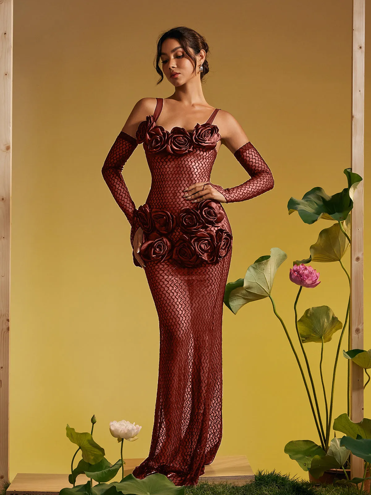 Barbara Spaghetti Cutout Flower Maxi Dress In Brown sold by Mew Mews