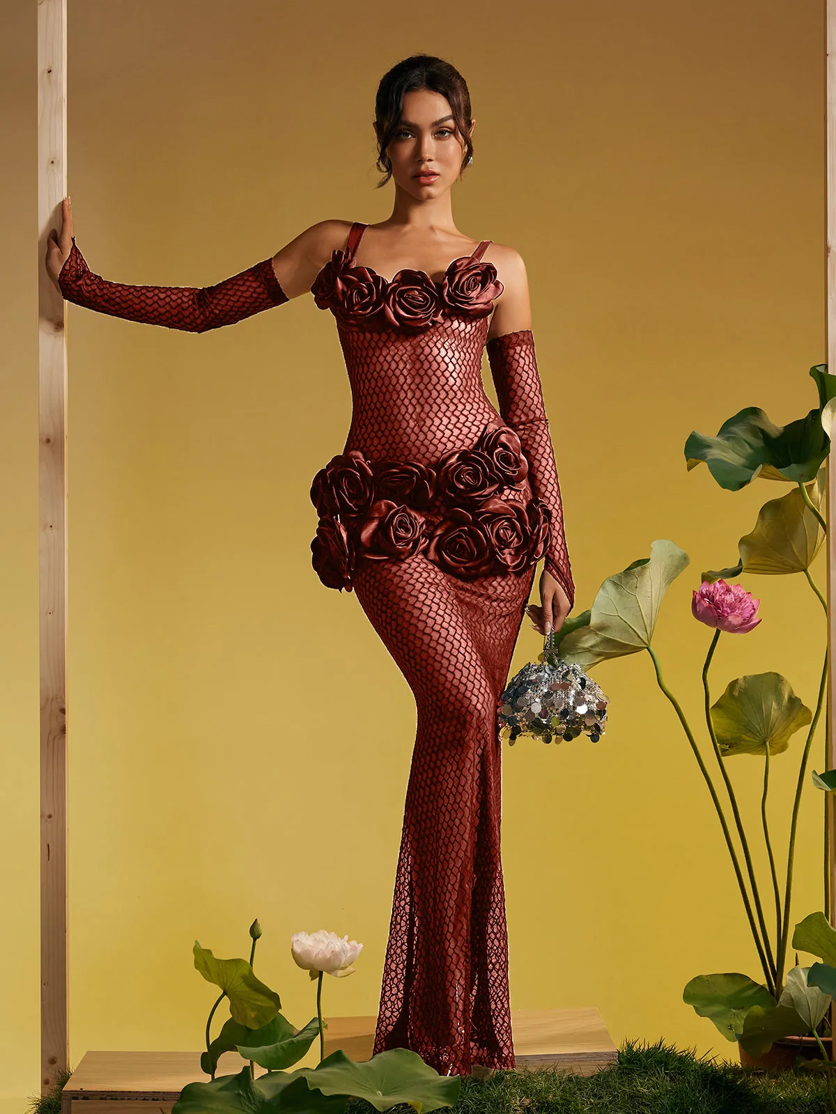 Barbara Spaghetti Cutout Flower Maxi Dress In Brown sold by Mew Mews product image thumbnail 4