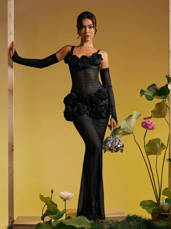 Barbara Spaghetti Cutout Flower Maxi Dress In Black sold by Mew Mews