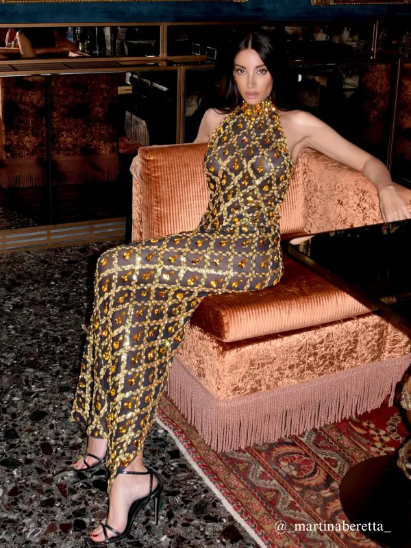 Liora Sequin Crystal Maxi Dress In Gold sold by Mew Mews