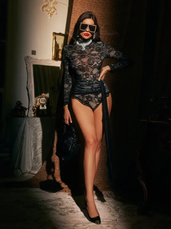 Jamiya High Neck Lace Draped Bodysuit sold by Mew Mews