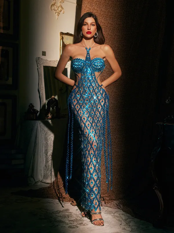 Diego Halterneck Embellished Mesh Maxi Dress In Blue sold by Mew Mews