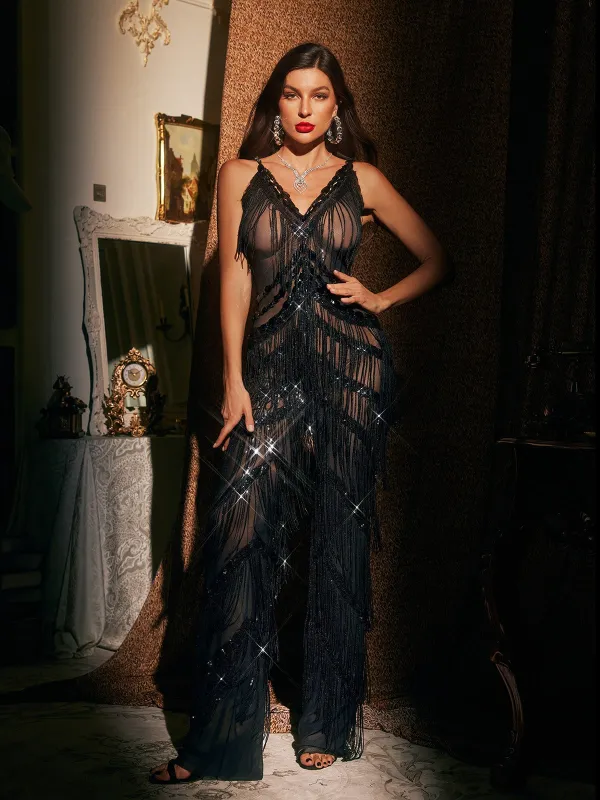 Charnita V Neck Rhinestone Fringe Jumpsuit In Black sold by Mew Mews