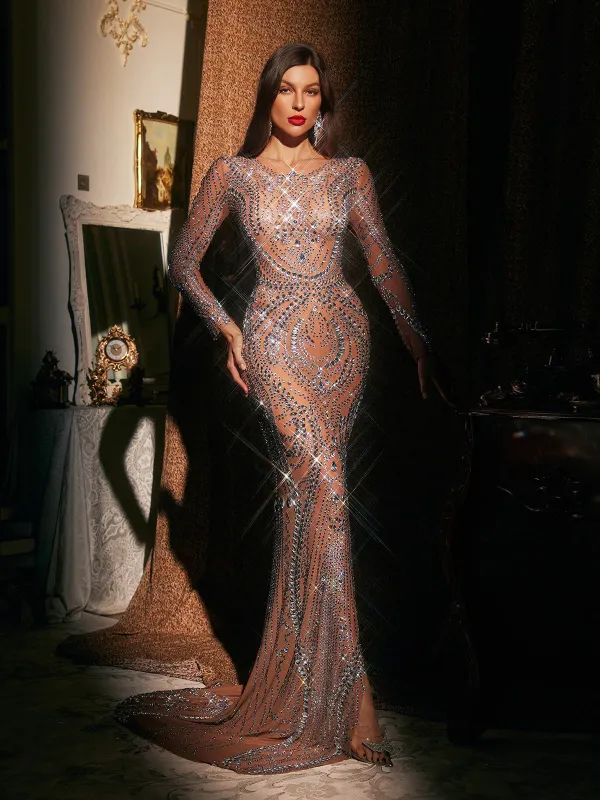 Athoril Long Sleeve Crystal Split Maxi Dress sold by Mew Mews